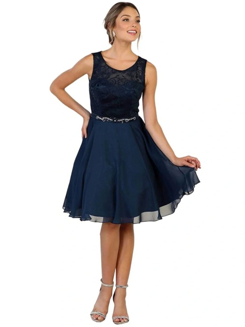 GLS Elizabeth K  Cocktail Dress Special Occasion Lace Chiffon Skirt Rhinestones